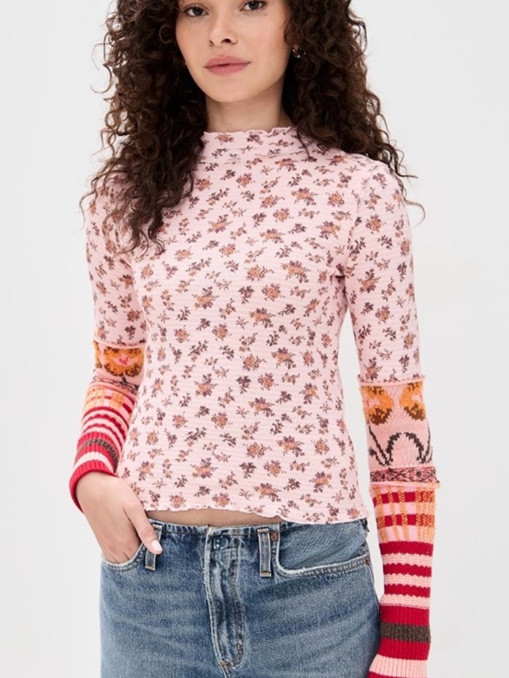 Free People We The Free Bold Bowery Cuff Floral Mock Neck Thermal Top S